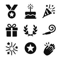 Celebration Icon Set. Solid, filled icon set of marking achievements: medal icon, cake with sparkler, confetti cannon, gift