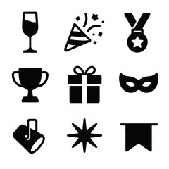 Celebration Icons Grid. Solid, filled icon set of success celebration symbols: champagne glass, confetti cannon, medal with ribbon
