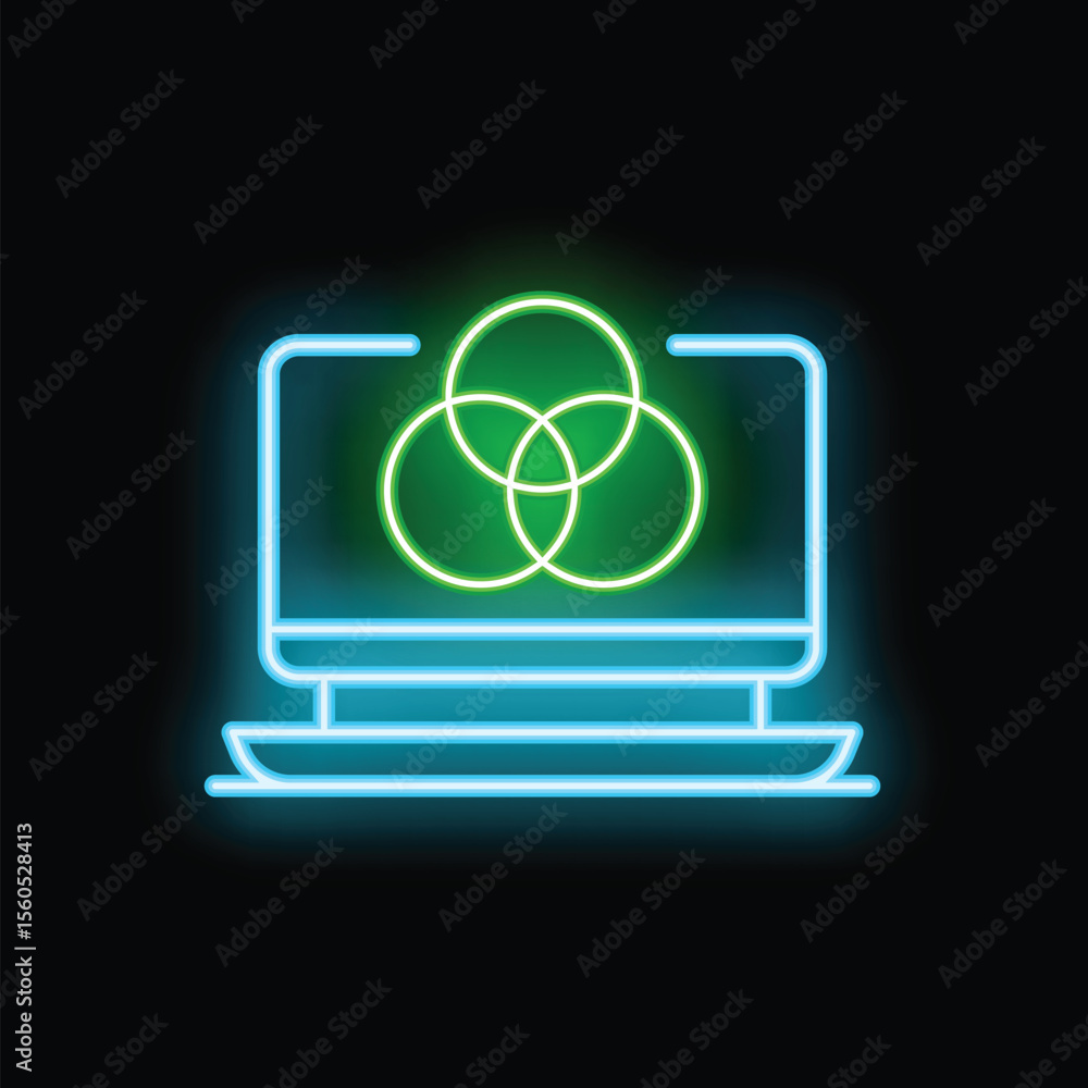 Poster neon icon of the rgb color model is glowing on a computer screen, suggesting a design software inter