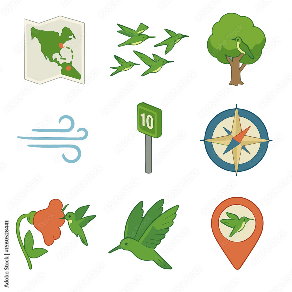 Poster hummingbird migration icon set. isometric flat icon set of hummingbird migration journey: migration 