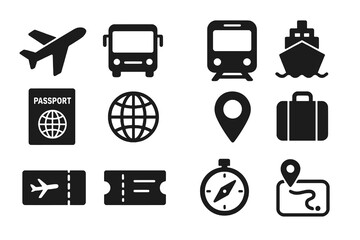 12 black travel icons. Solid vector for tourism, navigation, and transport.