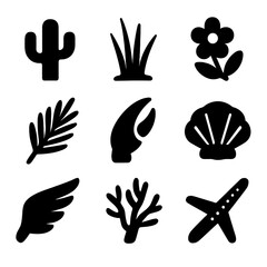 Fototapeta premium Coastal Flora and Fauna. Solid, filled icon set of coastal flora and fauna: cactus, dune grass, beach flower, palm frond, crab