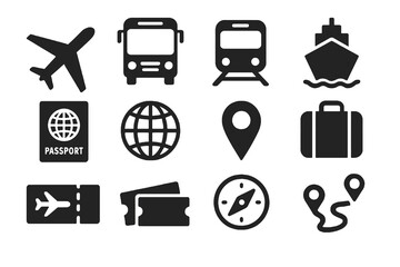Black set of 12 journey icons. Minimal vector for adventure, mapping, and booking.