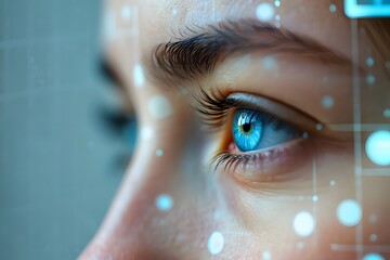 Extreme close up of a human eye with futuristic digital overlay and bokeh lights