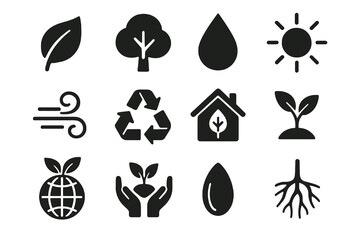 Black set of 12 environment icons. Minimal vector for nature and eco-friendly design.