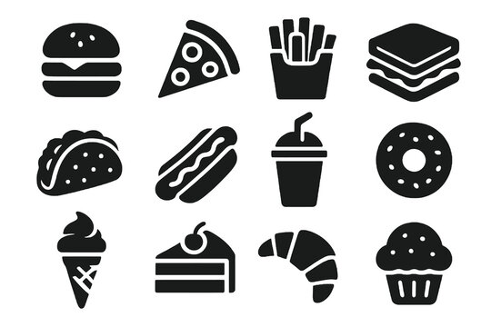 Black set of 12 snack icons. Minimal vector for restaurants, menus, and street food.