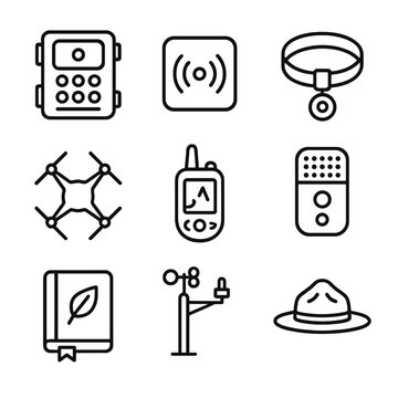 Endangered Species Monitoring Icons. Outline icon set of endangered species field monitoring: camera trap, motion sensor, collar