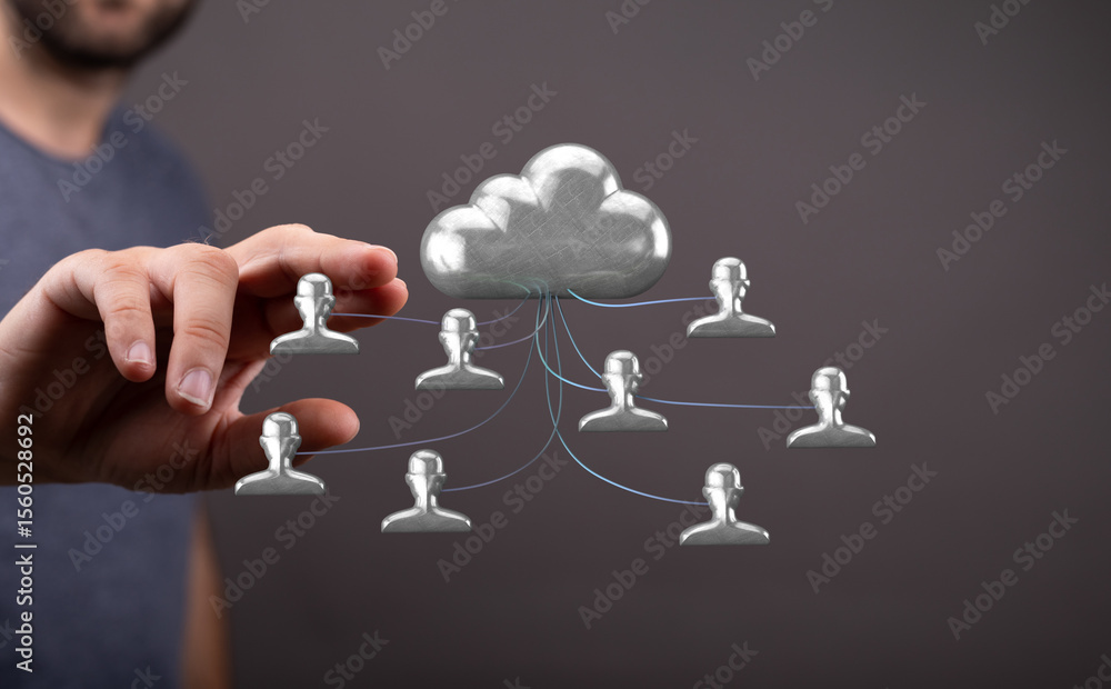 Aufkleber image depicts secure cloud data sharing, illustrating collaboration and network connectivity.