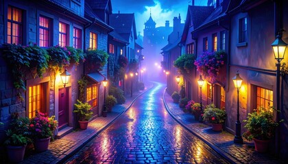 Serene Wet Alleyway with Neon Lights in Twilight Foggy Atmosphere