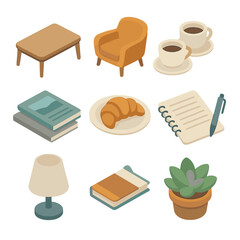 Coffeehouse Icons Set. Isometric Flat icon set of informal coffeehouse group discussions: coffee table, armchairs, coffee cups,