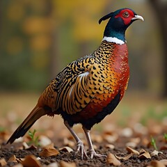 Fototapeta premium A beautiful pheasant with colorful feathers, walking through the forest.