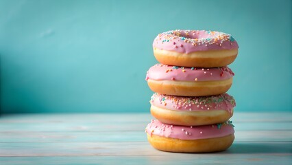 A stack of pink glazed donuts with sprinkles against a blue background