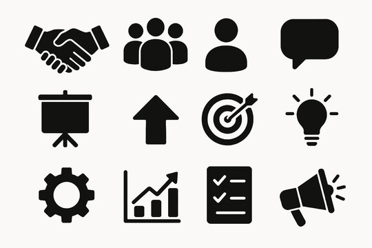 Black set of 12 corporate icons. Minimal vector for goals, success, and collaboration.