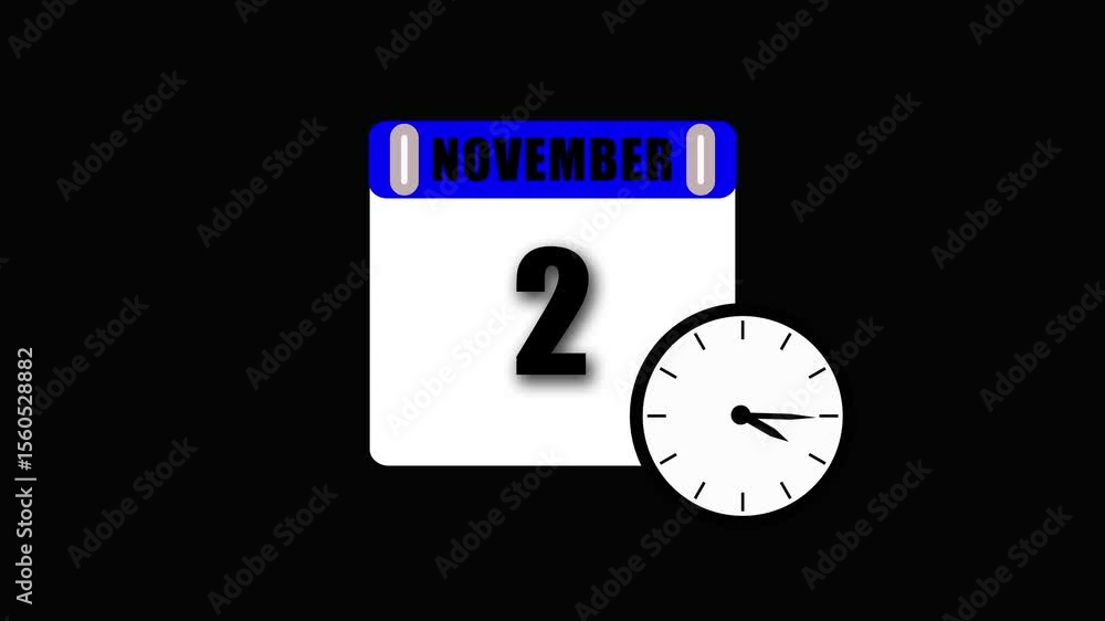 Poster november 2nd calendar and clock illustration on black background representing time and dates