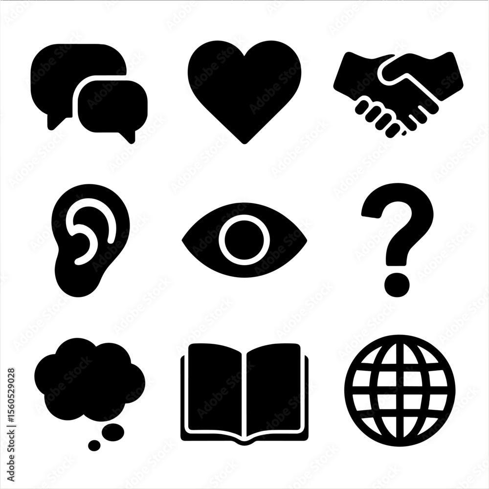 Poster communication icons grid. solid, filled icon set of communication and understanding: speech bubbles,