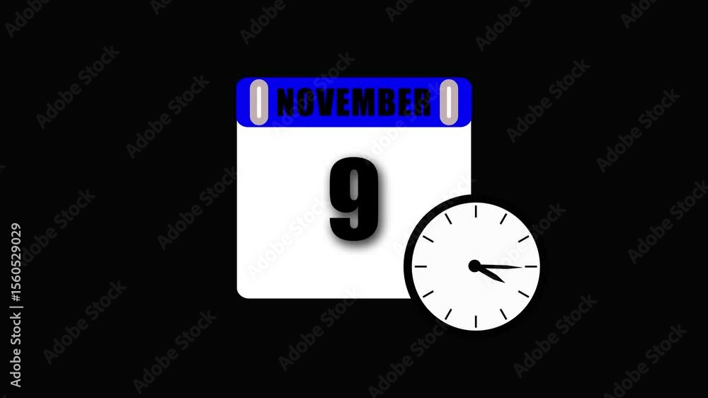 Poster november 9th calendar date and clock displayed against a black background illustrating time and sche