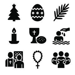 Christian Festival Icons. Solid, filled icon set of Christian festivals and rituals: Christmas tree, Easter egg, palm branch,