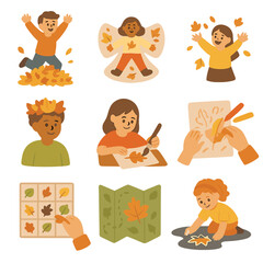 Children's Leaf Activities. Flat icon set of children’s fall fun: leaf pile jump, leaf angel, leaf toss, leaf crown, leaf painting