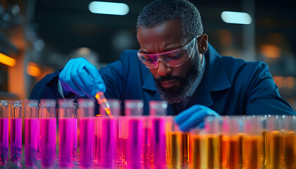 Scientist conducting experiments with colorful liquids in test tubes