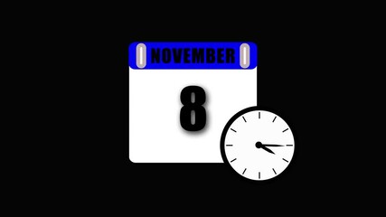 Animated graphic of november 8th calendar date with clock symbol on black background