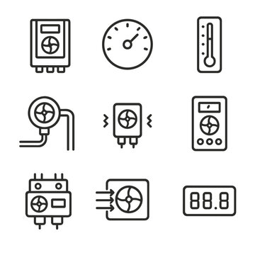 Fan Control Icon Set. Outline icon set of fan control and monitoring: variable frequency drive, tachometer, thermostat, pressure