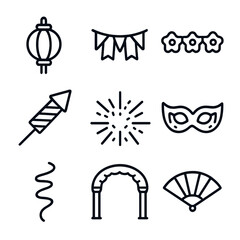 Fototapeta premium Festival Icon Set. Outline icon set of decorative festival elements: paper lantern, bunting flag, floral garland, fireworks rocket
