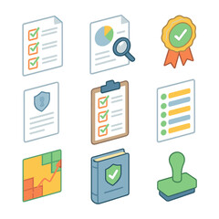 Compliance Icon Set. Isometric Flat icon set of compliance and auditing: compliance checklist, audit report, certification badge,