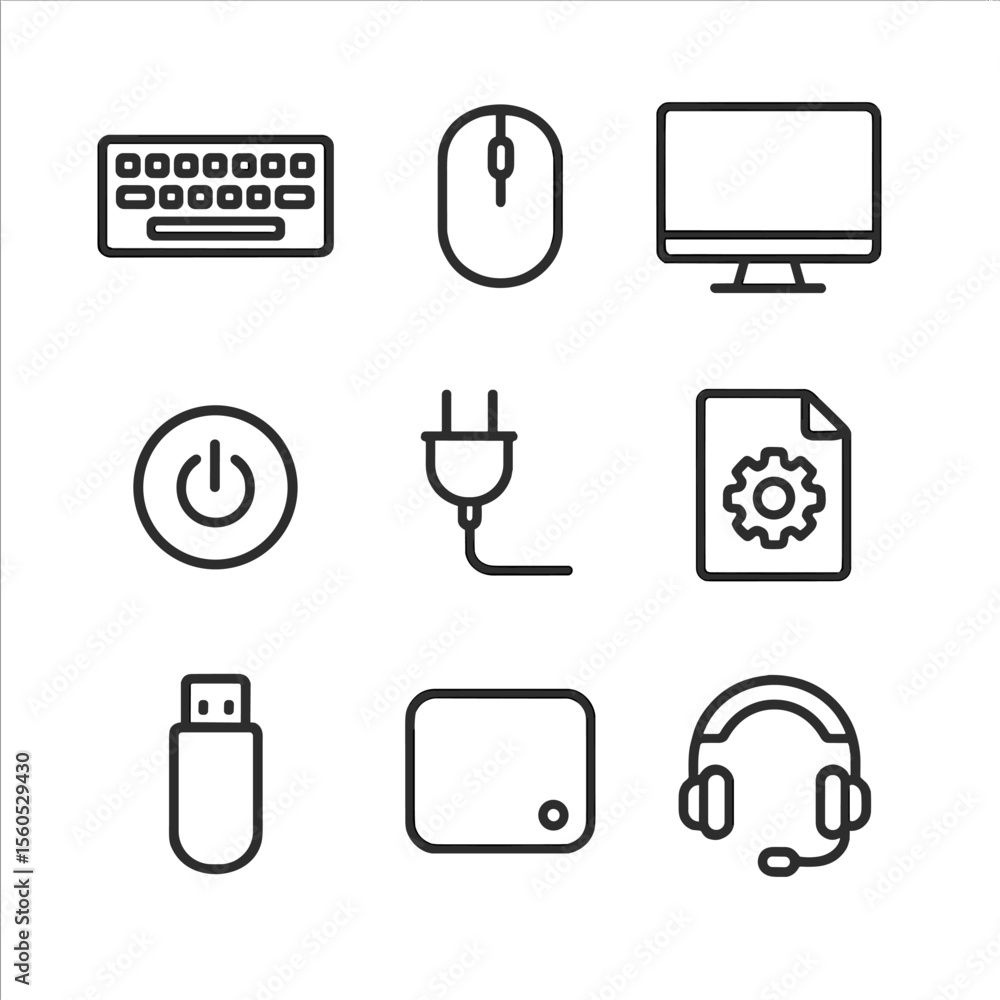 Poster computer setup icons. outline icon set of setting up computer and tools: keyboard, mouse, monitor, p