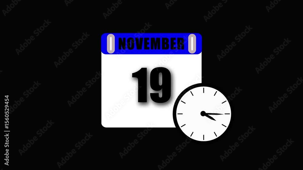 Poster november 19th animated calendar and clock visual for time and date awareness on a black background