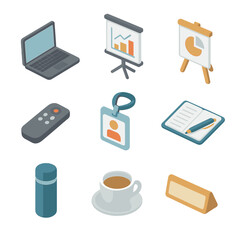 Local Workshop Icons. Isometric Flat icon set of local workshop seminar: laptop computer, presentation screen, flip chart,