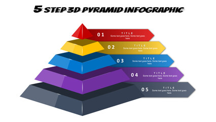 5 Step 3D PYRAMID infographic. Fully editable vector SVG file compatible with PowerPoint, Illustrator, and most vector-based applications.
