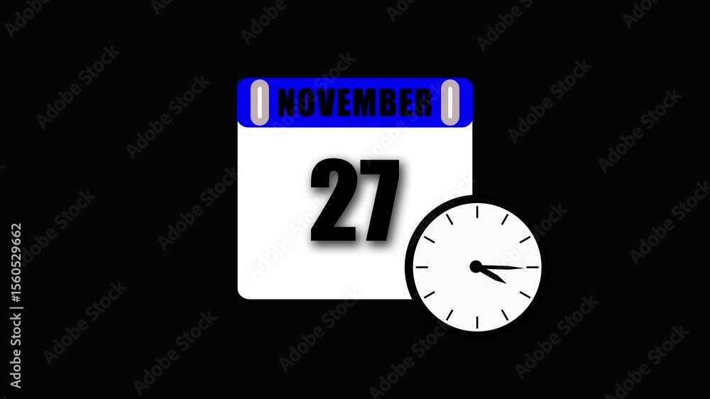 Poster calendar displaying november 27 with clock showing time against a black background