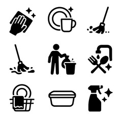 Cleaning Process Icons. Solid, filled icon set of cleaning process steps: wiping table, washing dishes, sweeping floor, mopping