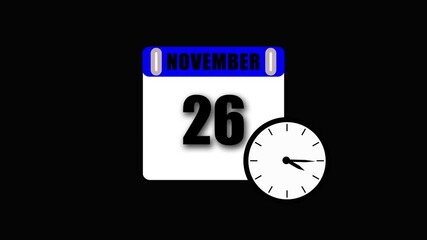 Calendar showing november 26 with clock indicating time on black background