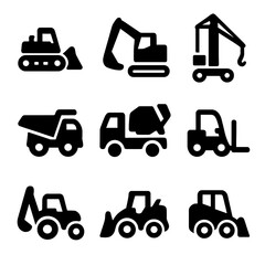 Construction Equipment Icons. Solid, filled icon set of construction equipment: bulldozer, excavator, crane, dump truck, cement