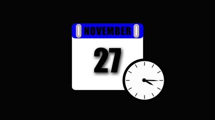 Calendar displaying november 27 with clock showing time against a black background