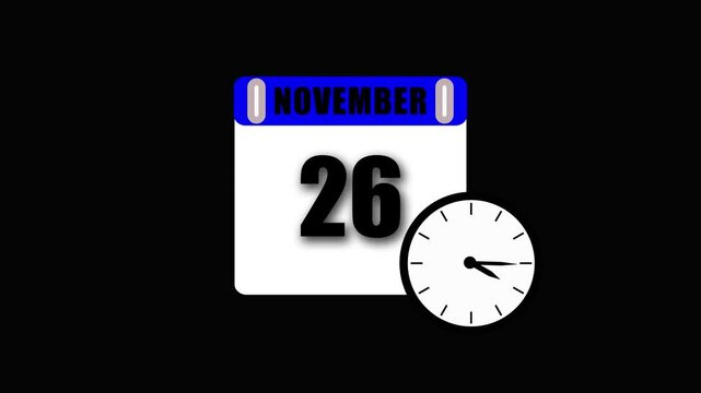 Calendar showing november 26 with clock indicating time on black background