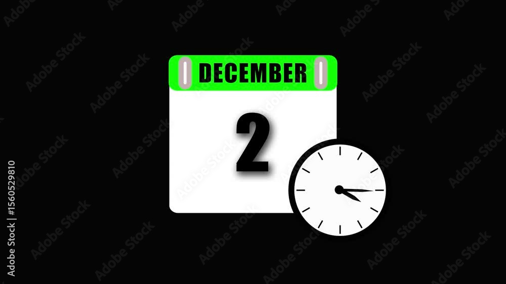 Poster december 2nd animated calendar and clock showing time and date against a black background
