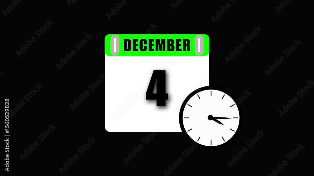 Poster animated graphic of december 4th calendar and clock element on black background illustrating time an