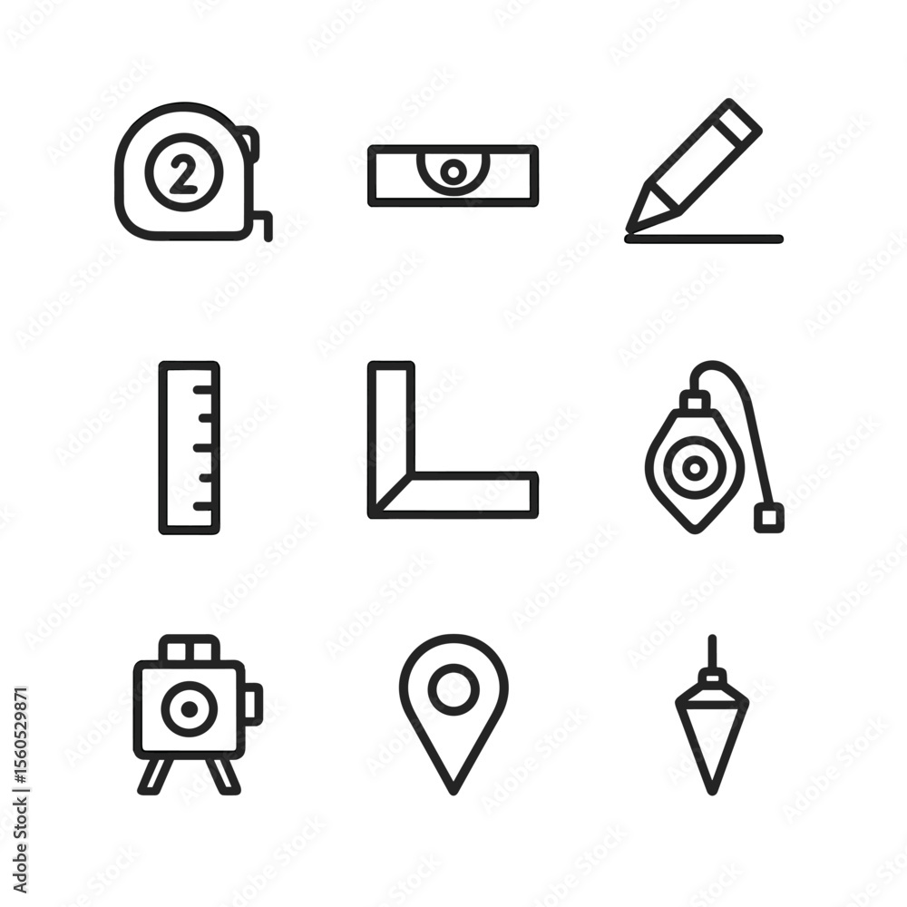 Poster measuring tools icons. outline icon set of measuring and marking tools: measuring tape, level bubble