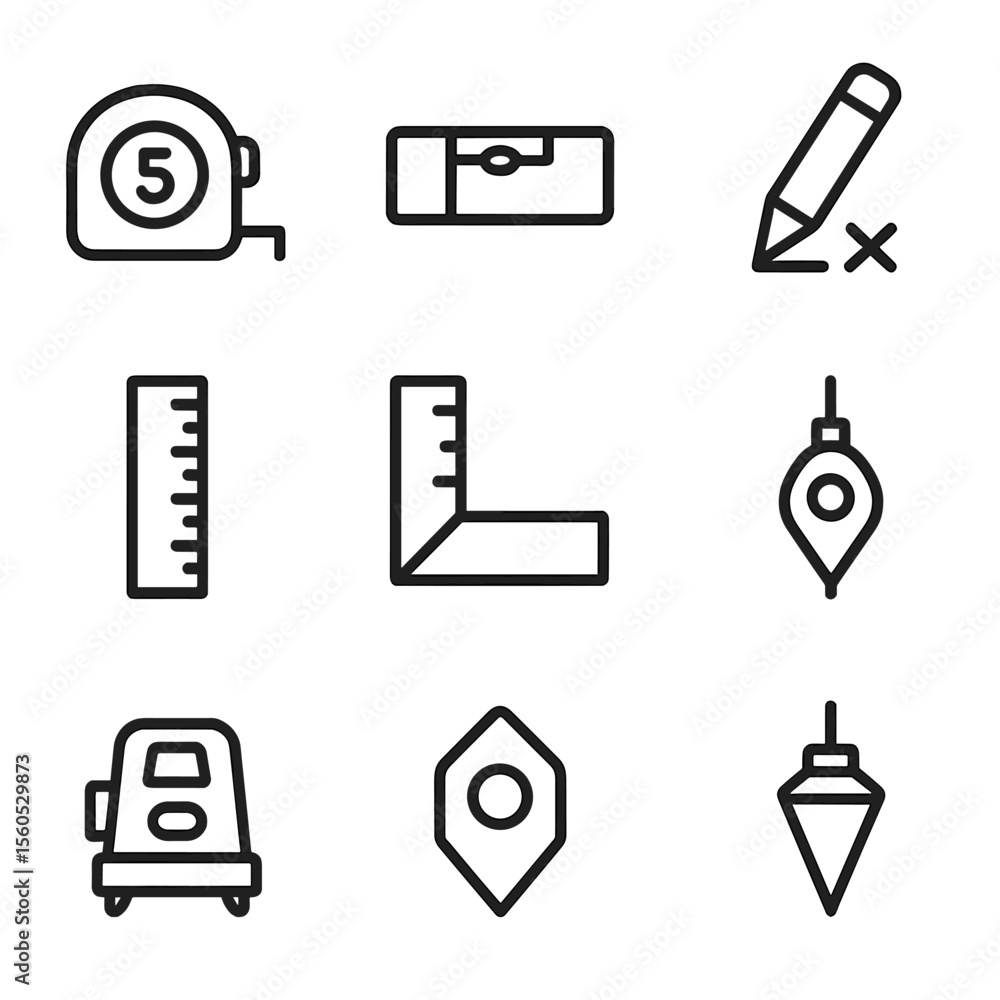 Poster measuring tools icons. outline icon set of measuring and marking tools: measuring tape, level bubble