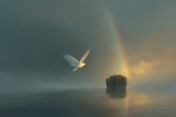 Noah's Ark in Single Sunbeam at Dawn, White Dove with Olive Branch Flying to Storm Center, Distant Rainbow Misty Atmosphere, Minimalist Symbolism Muted Golden Digital Art