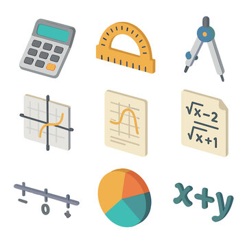 Math Test Prep Icons. Isometric Flat icon set of math test prep: calculator, protractor, compasses, graph, formula sheet, number
