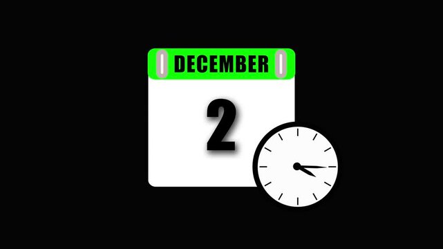 December 2nd animated calendar and clock showing time and date against a black background