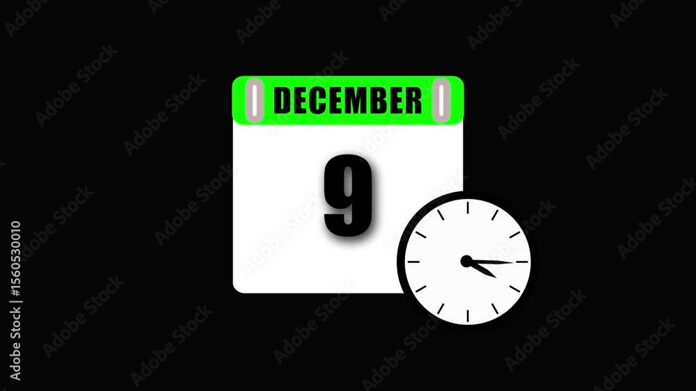 Poster animated calendar page displaying december 9 with clock on black background