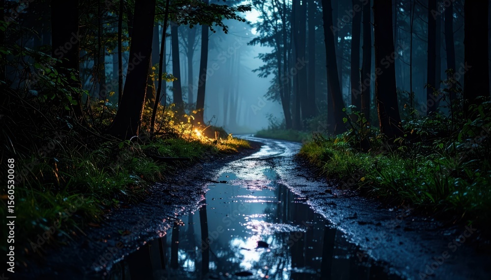 Poster illuminated wet trail in mysterious forest at dusk with reflection