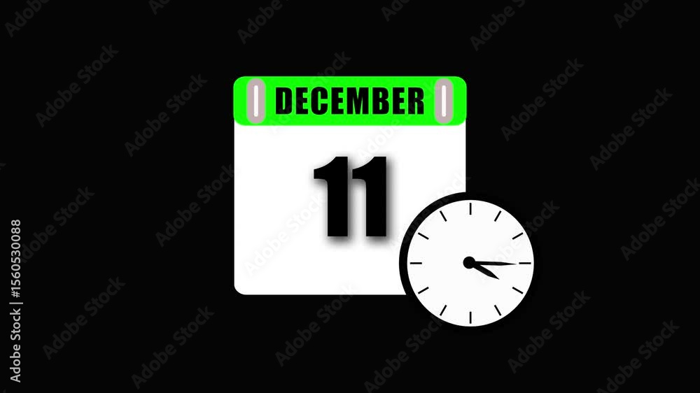 Poster animated digital calendar with date december 11th and clock indicating time on black background