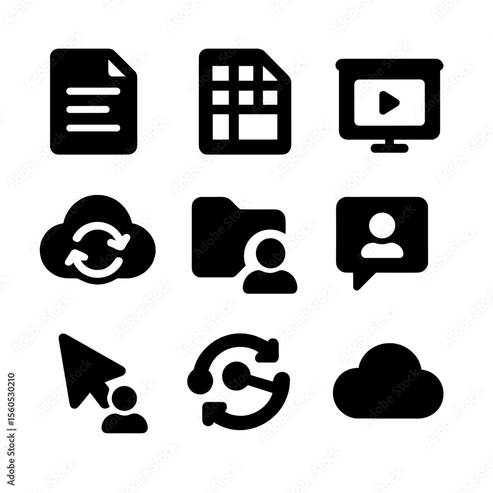 Poster cloud tools icon set. solid, filled icon set of cloud-based productivity tools: text file, spreadshe