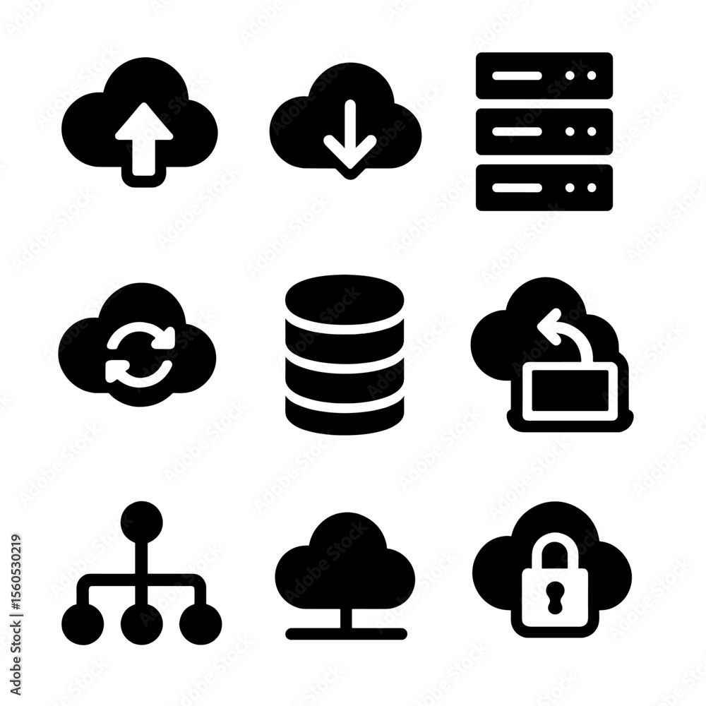 Poster cloud computing icons. solid, filled icon set of cloud computing and storage: cloud upload, cloud do
