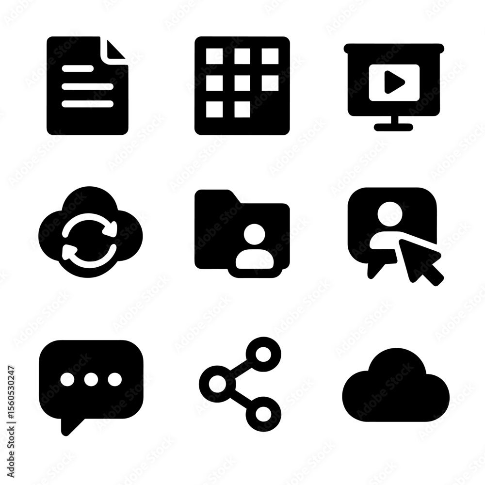 Poster cloud tools icon set. solid, filled icon set of cloud-based productivity tools: text file, spreadshe